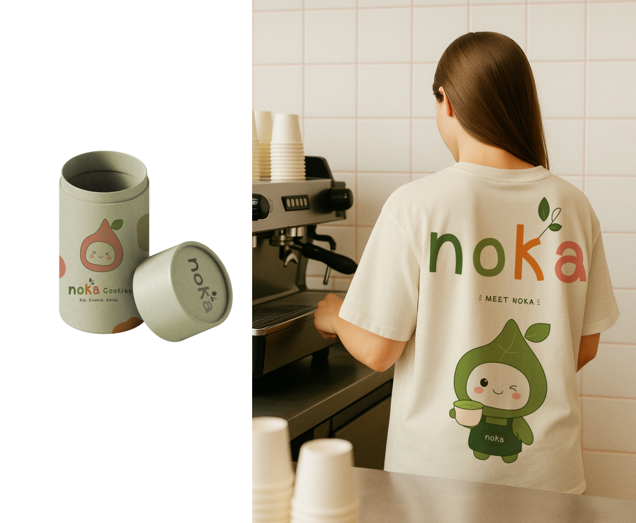 Noka cookie tube packaging and barista apron and t-shirt